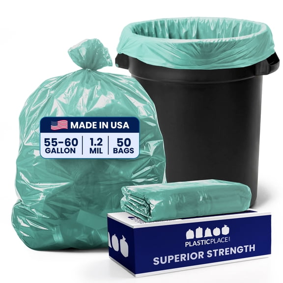 Plasticplace 55-60 Gallon Trash Bags │ 1.2 Mil │ Green Heavy Duty Garbage Can Liners │ 38” x 58” (50 Count)