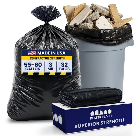 Plasticplace 55-60 Gallon Contractor Trash Bags, 3.0 Mil Heavy Duty Black Garbage Bag, Puncture & Tear Resistant, 38” x 58” (32 Count), Perfect for Construction & Demolition Yard Waste Industrial Bag