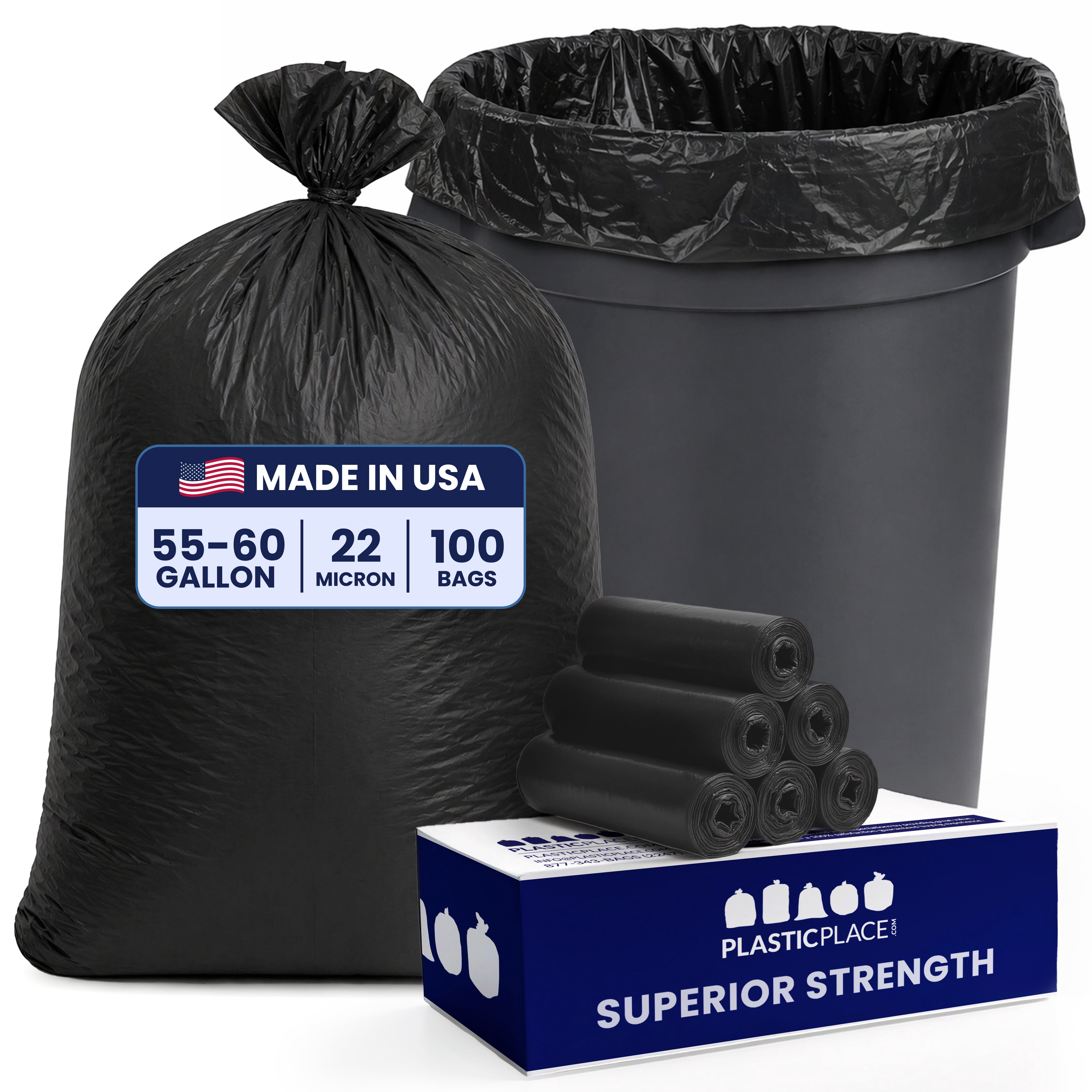 Plasticplace 55-60 Gallon Trash Bags, Heavy Duty Black Garbage Bags, 100 Count for Lawn, Yard, and Outdoor Waste Disposal, Ideal for Industrial Trash Cans, Contractors, and Home Improvement Projects