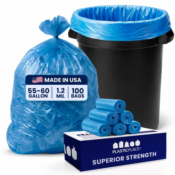Plasticplace 55-60 Gallon Blue Recycling Trash Bags, 1.2 Mil, 38"x55" Garbage Can Liners, 100 Count