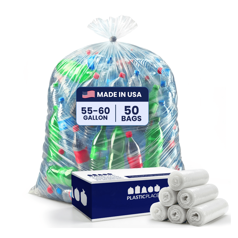 Plasticplace Heavy Duty 55-60 Gallon Trash Bags – Clear Garbage Can Liners (38” x 58”) – Durable Multiuse, Puncture-Resistant, 50 Count – Ideal for Kitchen, Warehouses and Recycling Trashbags 1.5 Mil