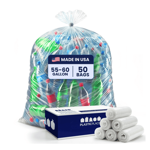 Plasticplace Heavy Duty 55-60 Gallon Trash Bags – Clear Garbage Can Liners (38” x 58”) – Durable Multiuse, Puncture-Resistant, 50 Count – Ideal for Kitchen, Warehouses and Recycling Trashbags 1.5 Mil