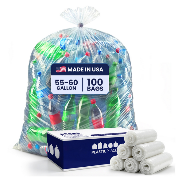 Plasticplace 55-60 Gallon Clear Trash Bags, 1.5 Mil, Heavy Duty Garbage Can Liners, 100 Count