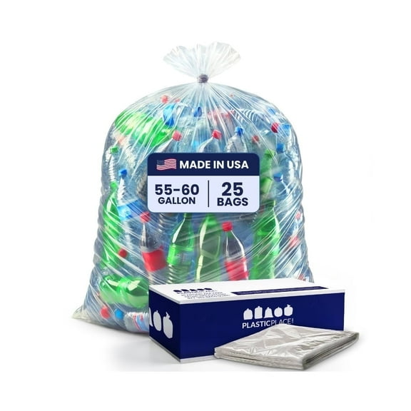 Plasticplace 55-60 Gallon Contractor Trash Bags, 3.0 Mil Clear Heavy Duty Garbage Bags, Tear & Leak Resistant, 38” x 58” (25 Count) – Ideal for Construction, Renovations Yard Waste Cleanup Industrial