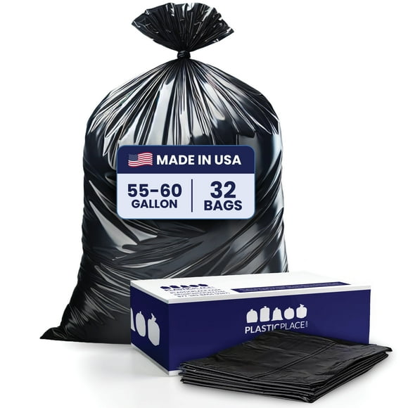 Plasticplace 55-60 Gallon Heavy Duty Contractor Trash Bags, 4.0 Mil Black Garbage Liners, 32 Count