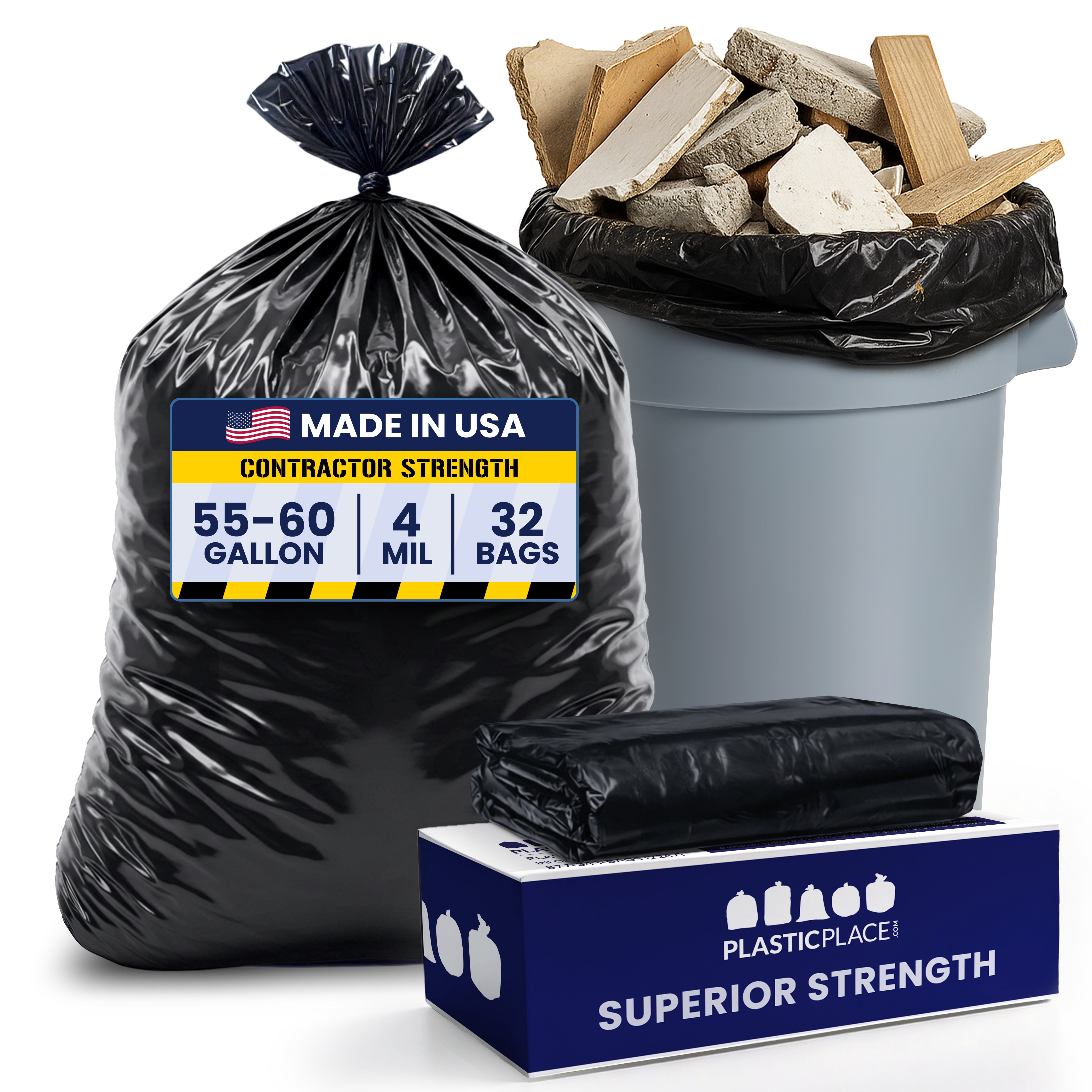 Plasticplace Contractor Garbage Bags: 55 Gallon Trash Bags Heavy Duty, Big Black Trash Bags, 38"x58", 4.0 Mil, Pack of 32