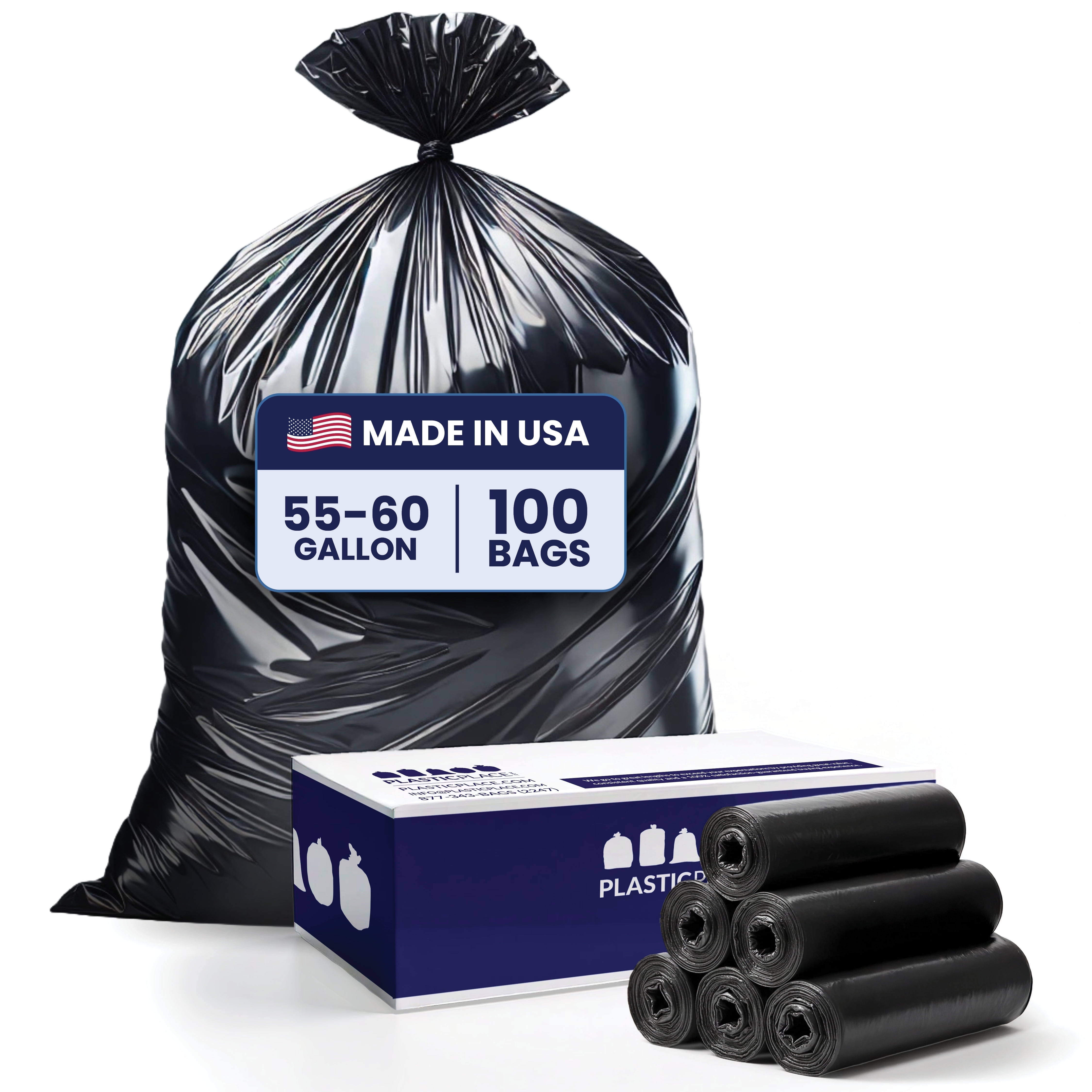 Plasticplace 55-60 Gallon Heavy Duty Trash Bags, 1.0 Mil, Black, Garbage Can Liners, 100 Count