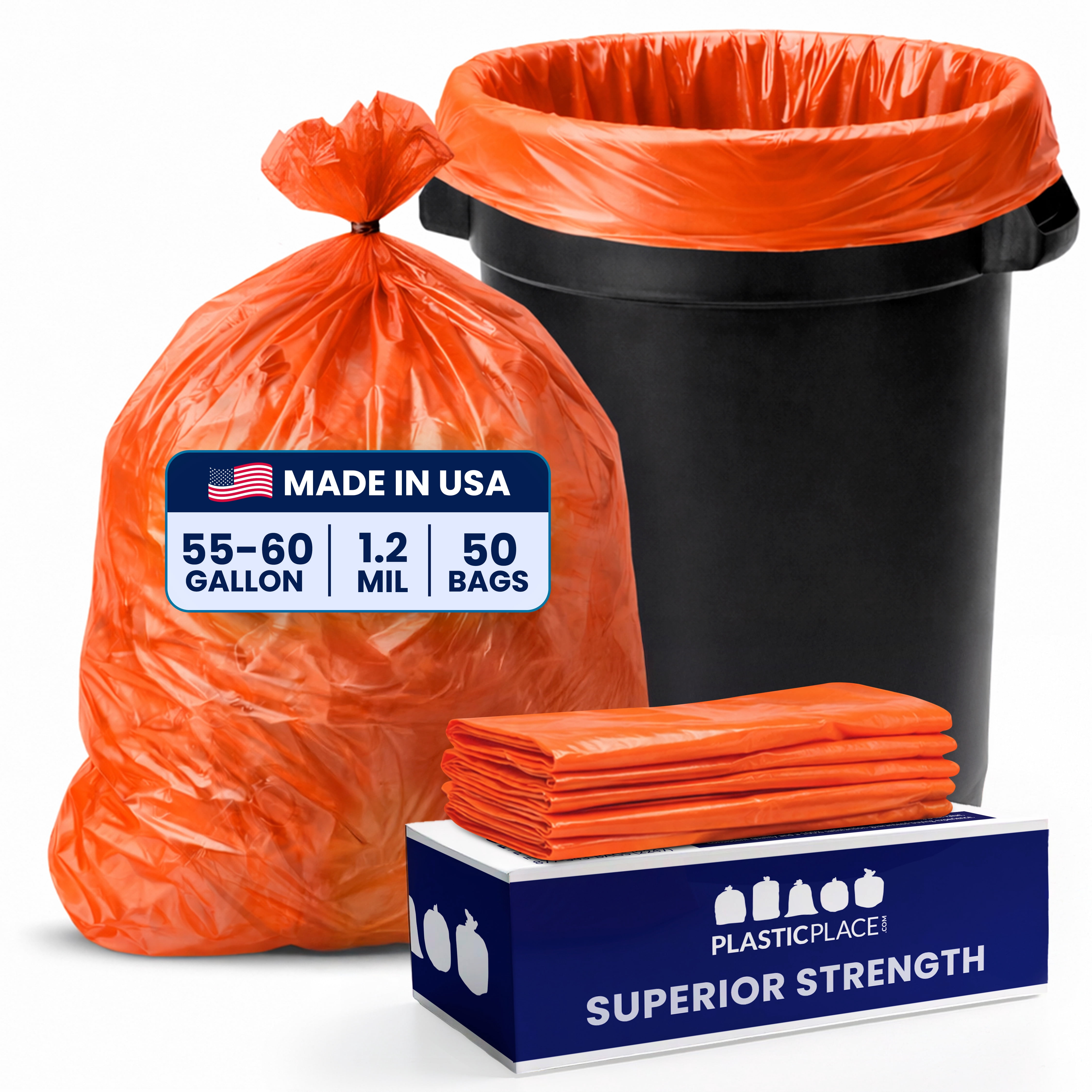 Plasticplace 55-60 Gallon Trash Bags │ 1.2 Mil │ Orange Heavy Duty Garbage Can Liners │ 38” x 58” (50 Count)