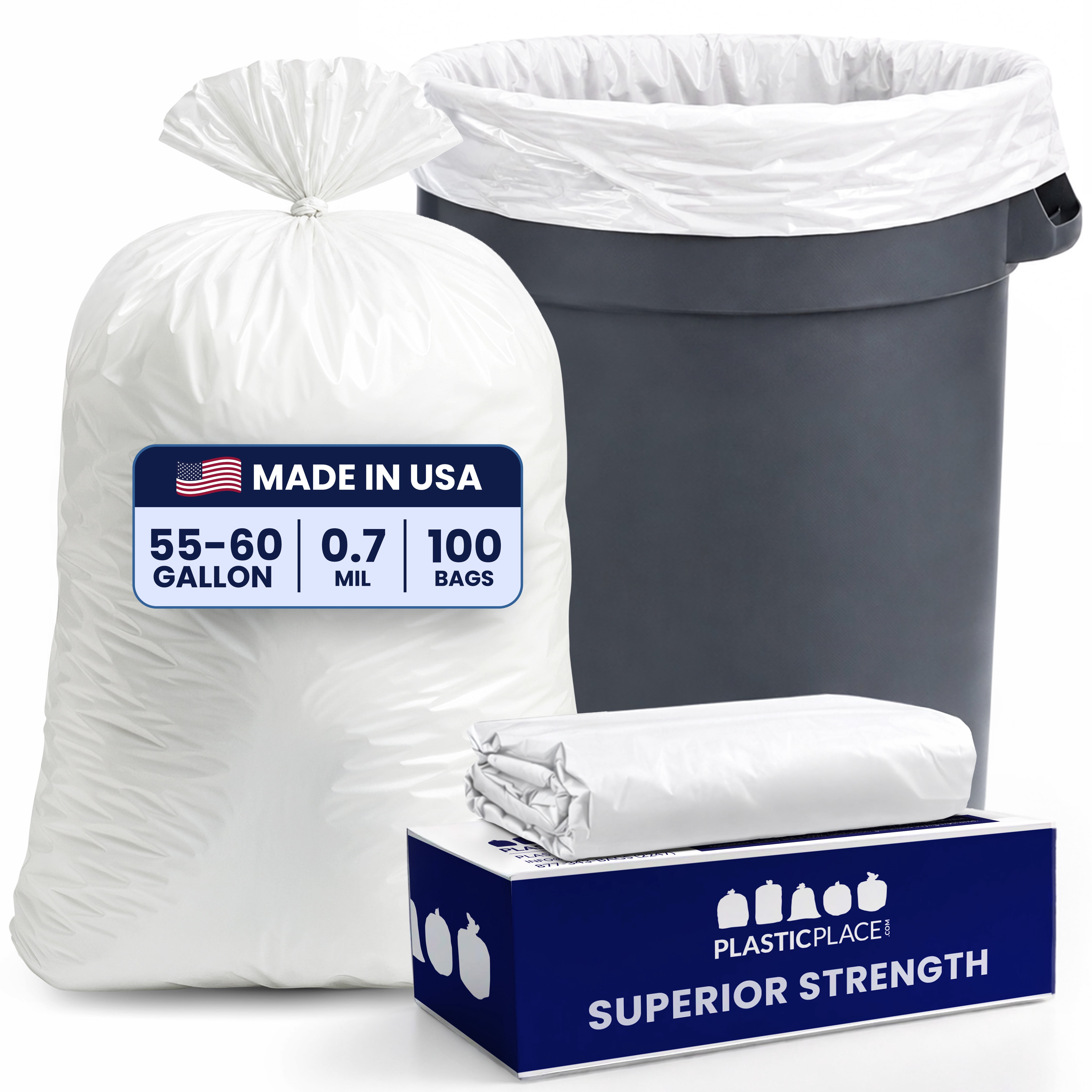 Plasticplace 55-60 Gallon Trash Bags │ 0.7 Mil │Garbage Can Liners │ 38” x 58” (100 Count)