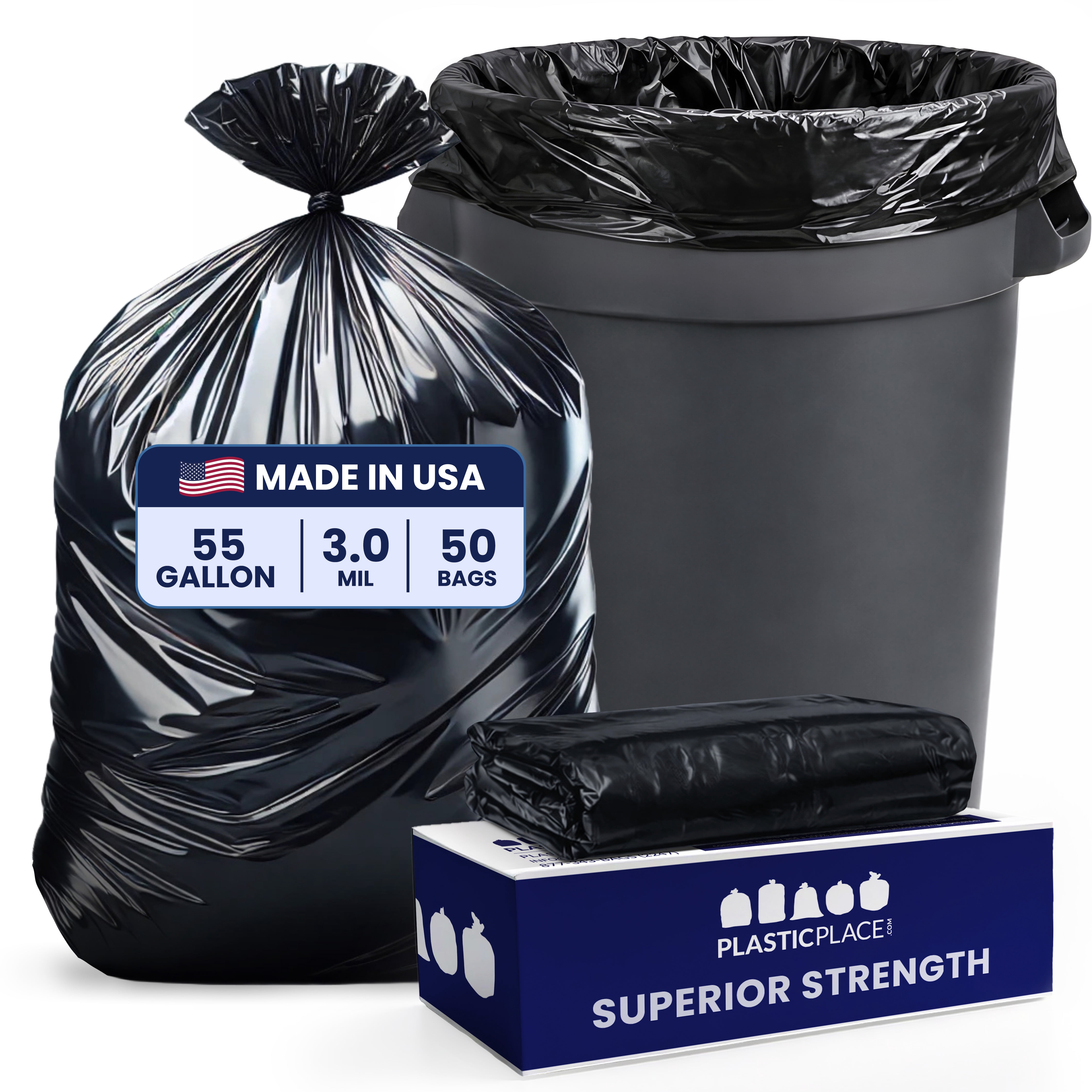 Plasticplace 55 Gallon Black Trash Bags │3.0 Mil │40" x 50" (50 Count)