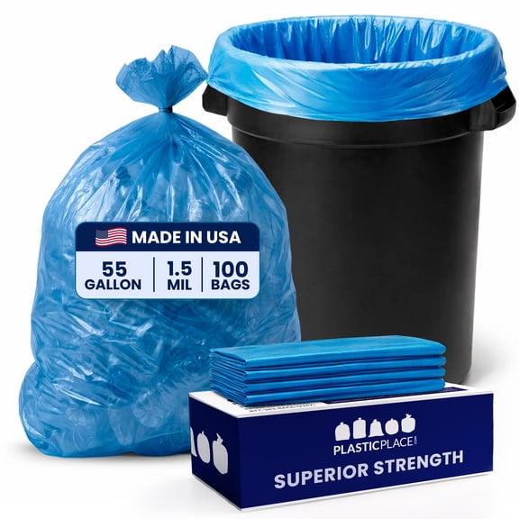 Plasticplace 55-60 Gallon Blue Recycling Trash Bags, 1.5 Mil Heavy-Duty Garbage Can Liners, Large 38” x 55” Industrial Strength Plastic Bags for Home, Commercial & Outdoor Use, 100 Count Trashbags