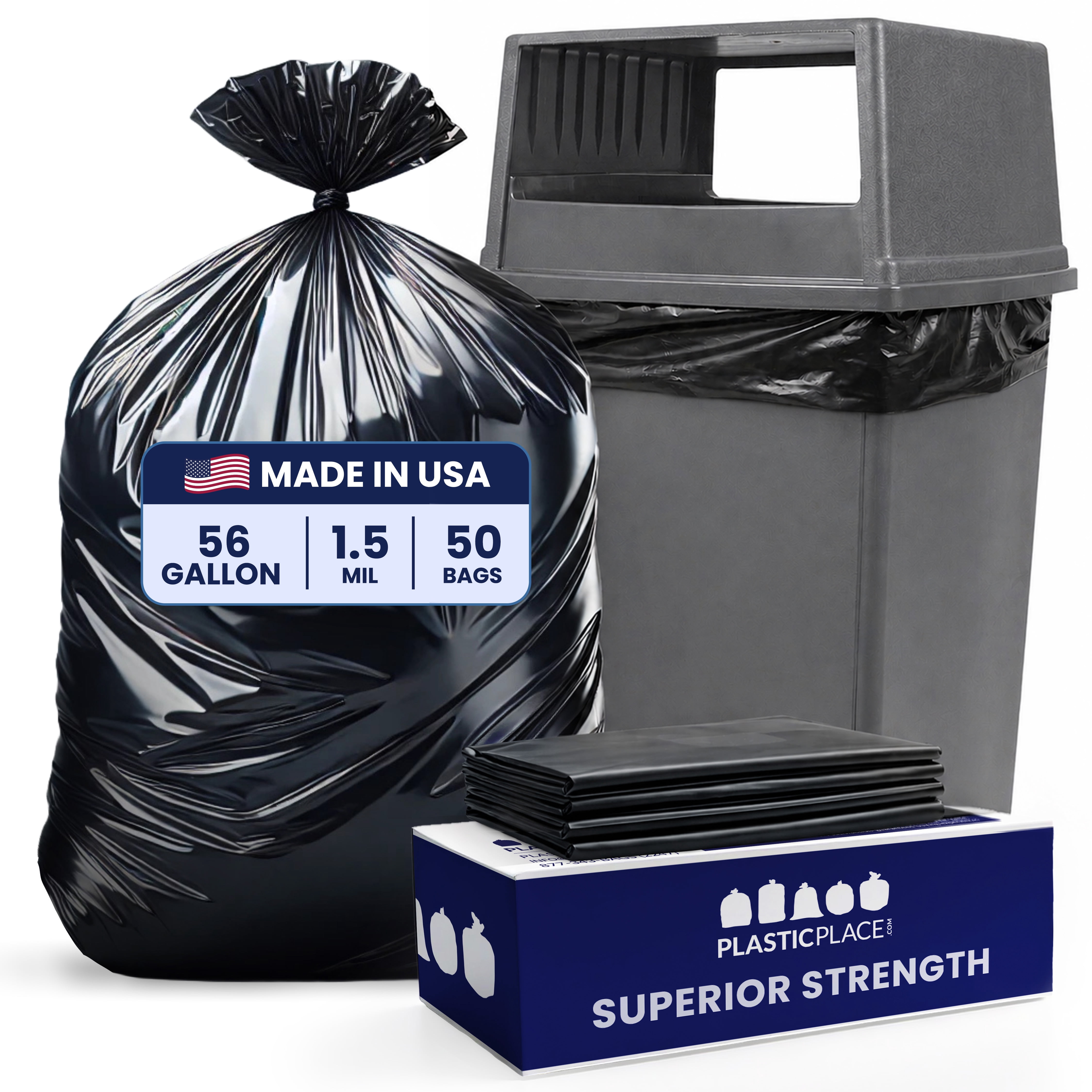 Plasticplace 56 Gallon Trash Bags │ 1.5 Mil │ Black Garbage Can Liners, Fits Glutton Garbage Can │ 43” x 46” (50 Count)