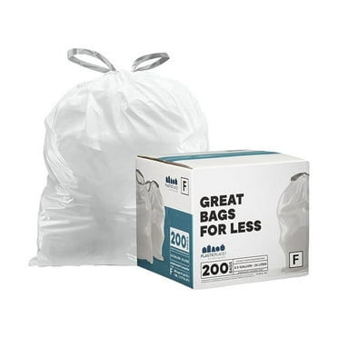 Plasticplace Custom Fit Trash Bags, Compatible with simplehuman Code F (200 Count) White Drawstring Garbage Liners 6.5 Gallon, 21.75" x 20"