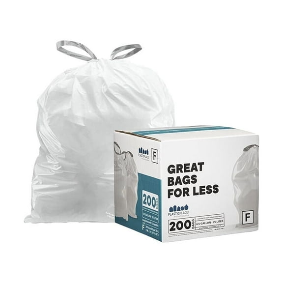Plasticplace Custom Fit Trash Bags, Compatible with simplehuman Code F (200 Count) White Drawstring Garbage Liners 6.5 Gallon, 21.75" x 20"