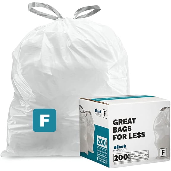 Plasticplace Drawstring Trash Bags, Compatible with simplehuman Code F (200 Count) White Drawstring Garbage Liners 6.5 Gallon, 21.75" x 20"