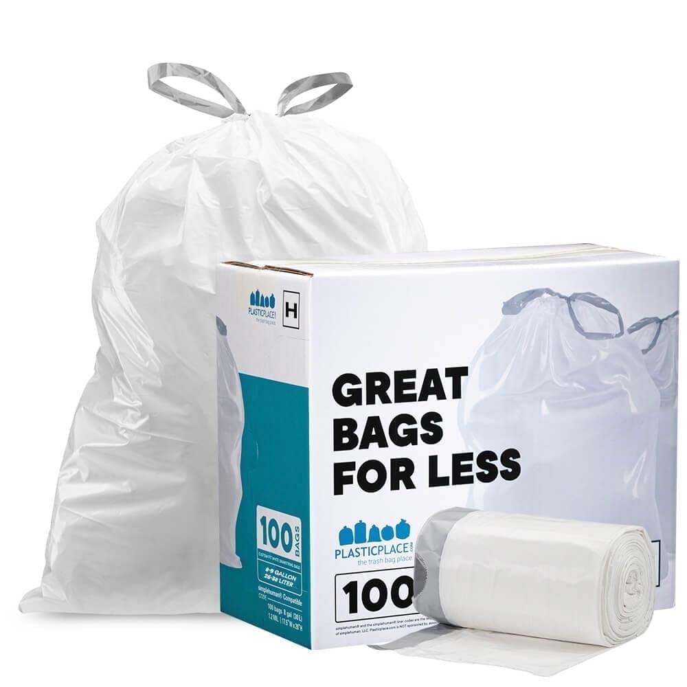 Plasticplace 8-9 Gallon White Drawstring Trash Bags, 18.5 in x 28 in, Code H Size, Compatible with simplehuman Trash Cans, 100 Count