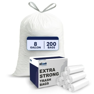 Plasticplace 8 Gallon Trash Bags -White Drawstring Garbage Can Liners - 200 Count - Leak-Resistant and Tear-Proof for Kitchen, Bathroom, Office, and Small Trash Cans 0.7 Mil