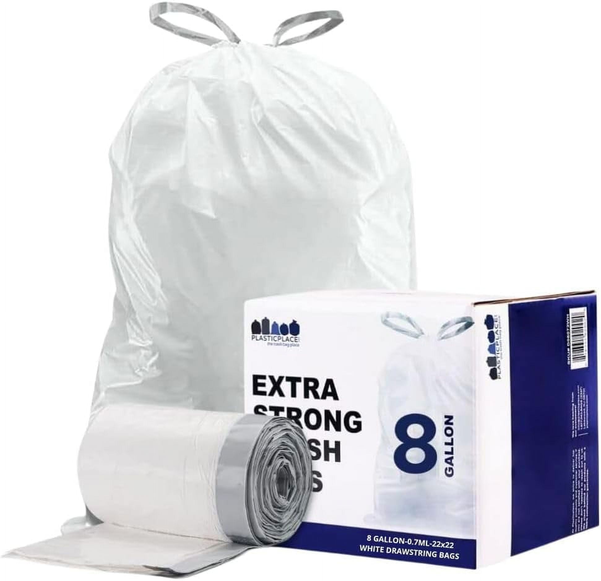 Plasticplace 8 Gallon White Drawstring Trash Bags, 100 Count