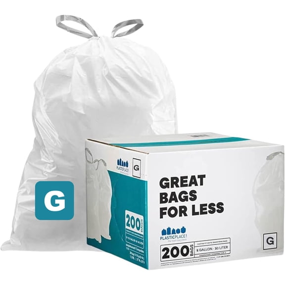 Plasticplace Custom Fit Trash Bags, Compatible with simplehuman Code G (200 Count) White Drawstring Garbage Liners 8 Gallon / 30 Liters, 17.5" x 28"