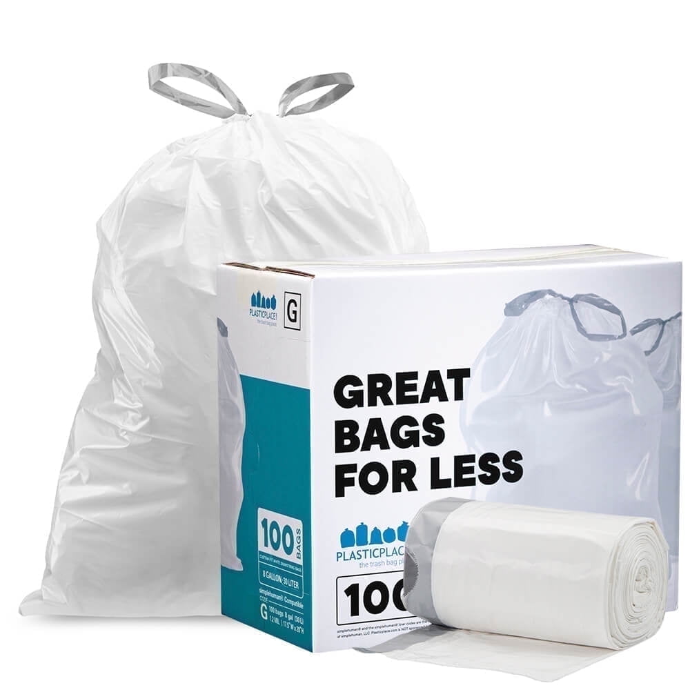 Plasticplace 8 Gallon White Drawstring Trash bags, Compatible with simplehuman Code G Garbage Bags, 100 Count