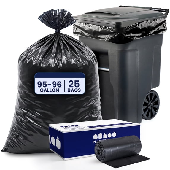 Plasticplace 95-96 Gallon Garbage Can Liners Heavy Duty Black Trash Bags Tear-Resistant Outdoor Garbage Bags for Rollaway Bins Large 61" x 68" Industrial-Strength Waste Bags (25 Count) 1.5 Mil