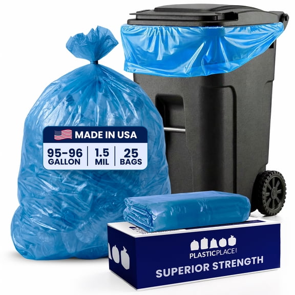 Plasticplace 95 Gallon Recycling Trash Bags, 61"W x 68"H, 1.5 Mil, Blue, 25 Count (Pack of 1)