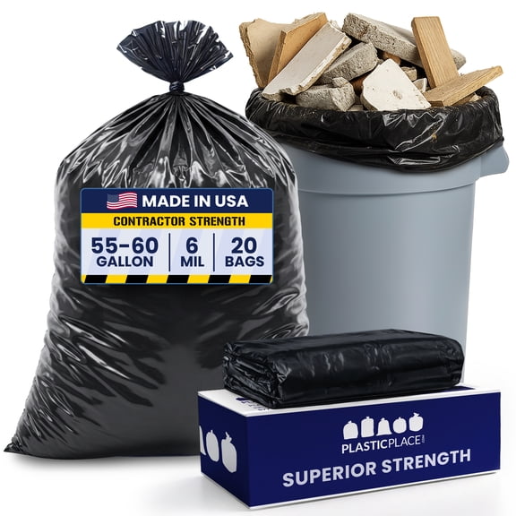 Plasticplace Contractor Garbage Bags: 55 Gallon Trash Bags Heavy Duty, Big Black Trash Bags, 36"x58", 6.0 Mil, Pack of 20