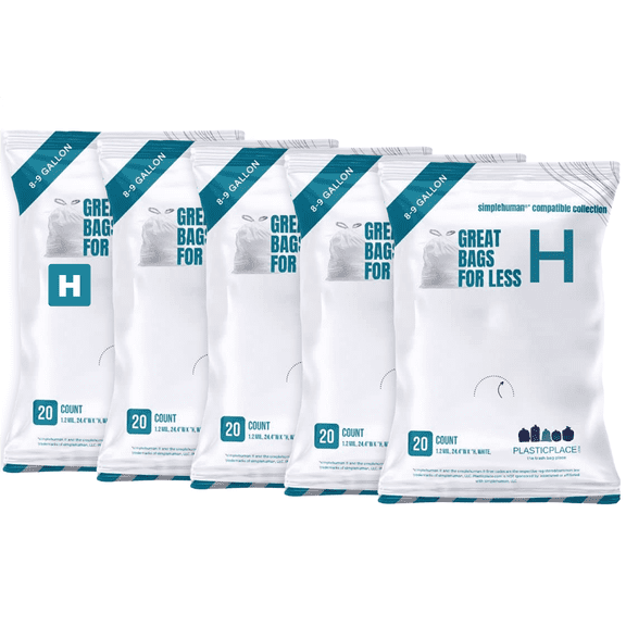 Plasticplace Custom Fit Trash Bags, Compatible with simplehuman Code H Packs, White Drawstring Garbage Liners 8-9 Gallon, 18.5'' x 28'' (20 Count/5 Pack)