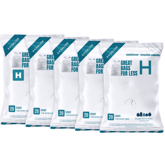 Plasticplace Drawstring Trash Bags, Compatible with simplehuman Code H Packs, White Drawstring Garbage Liners 8-9 Gallon, 18.5'' x 28'' (20 Count/5 Pack)