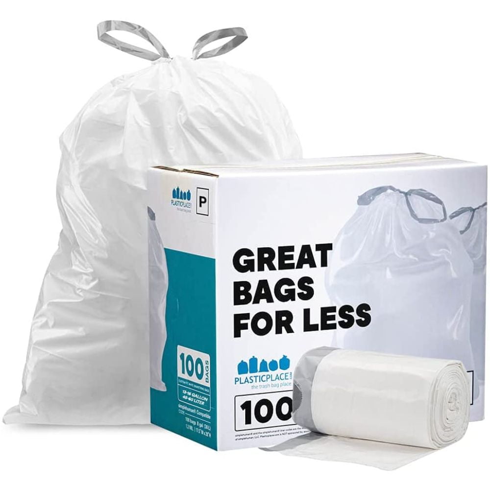  Plasticplace simplehuman (x) Code P Compatible Drawstring Garbage  Liners 13-16 Gallon, 23.75 x 31.5, 200 Count, White : Everything Else