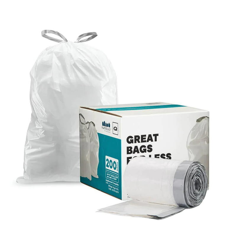 Code Q (200 Count) 13-17 Gallon | 40-65 Liter Custom Fit Trash Bags Compatible with Code Q| White Drawstring Garbage Liners, Size: One Size