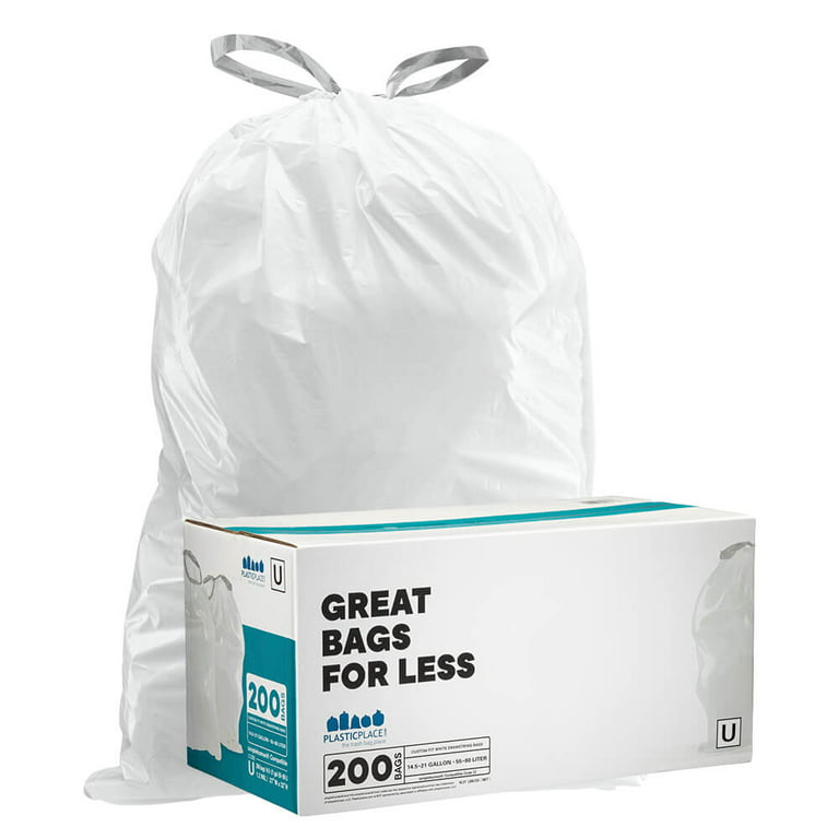 Plasticplace Custom Fit Trash Bags‚ Simplehuman® Code U Compatible (200  Count)‚ White Drawstring Garbage Liners 14.5-21 Gallon / 55-80 Liter‚ 26.5  x 32 