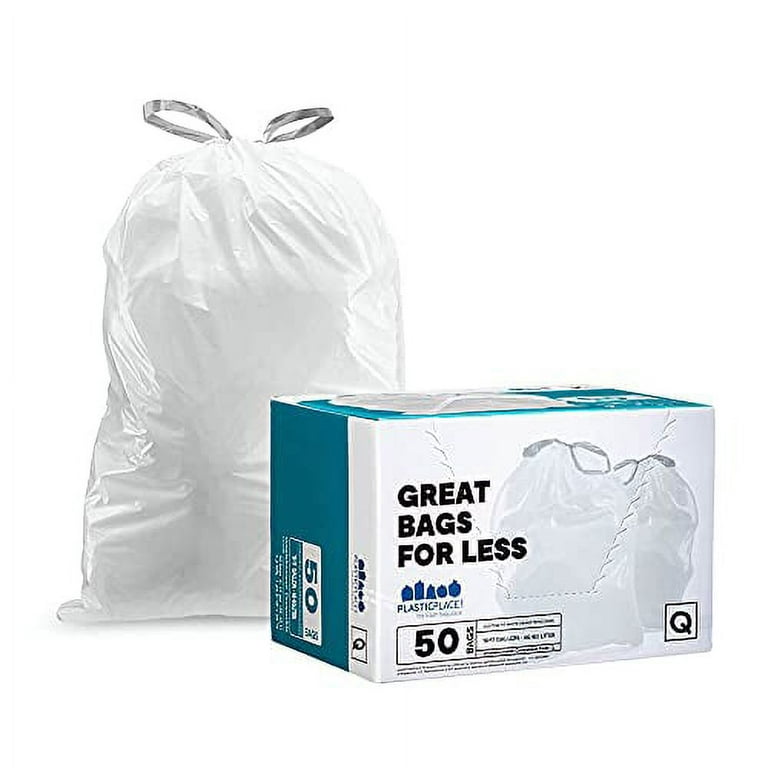Plasticplace Custom Fit Trash Bags, simplehuman (x) Code Q Compatible (50  Count), White Drawstring Garbage Liners 13-17 Gallon / 40-65 Liter, 25.25  x 32.75