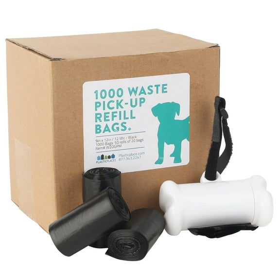 Plasticplace Dog Waste Pick-Up Bags, 12 Micron, 9"W x 12"H, 1000 Count, Black