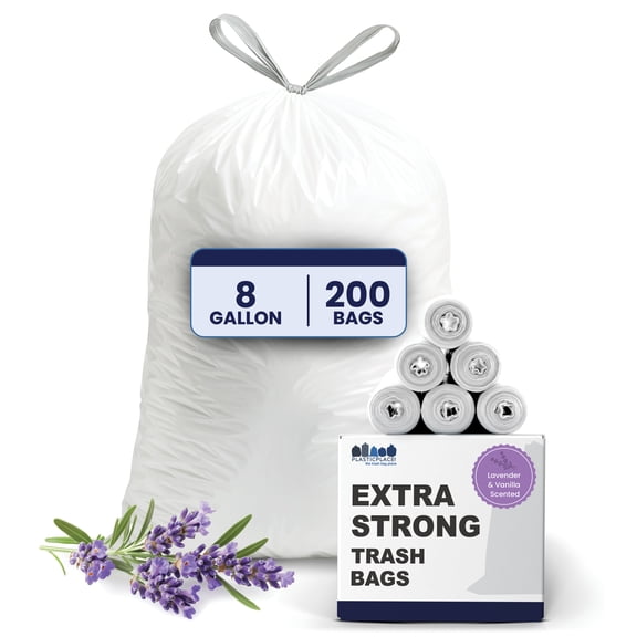 Plasticplace 8 Gallon Trash Bags │ 0.7 Mil │ White Drawstring Garbage Can Liners │ 22" x 22" (200 Count/Scented)