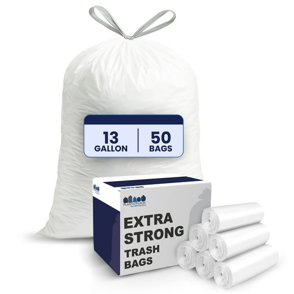 Plasticplace 13 Gallon Trash Bags │ 1.2 Mil │ White Extra-Large Drawstring Garbage Can Liners │ 24" x 31" (50 Case)