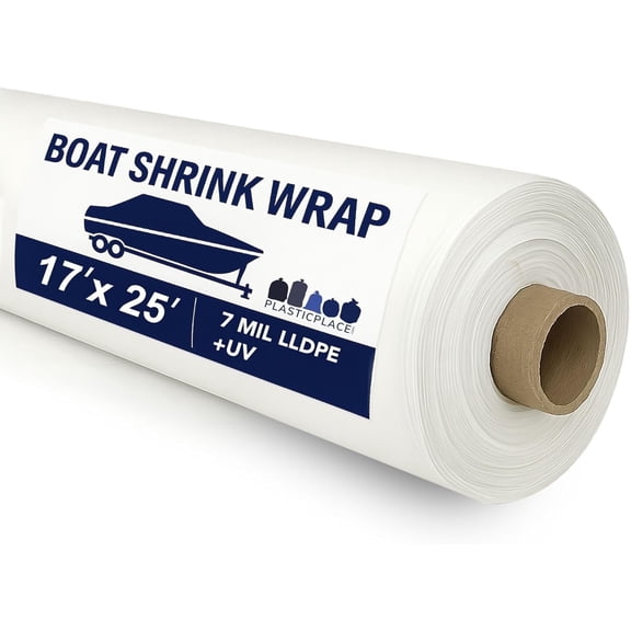Plasticplace Boat Shrink Wrap – 17’ x 25’ White 7 Mil Marine Plastic Film – Heat Gun Shrink Wrap for Boats, Jet Skis, Equipment – UV-Resistant Plastic Wrap for Storage & Moving, 1 Roll with Core