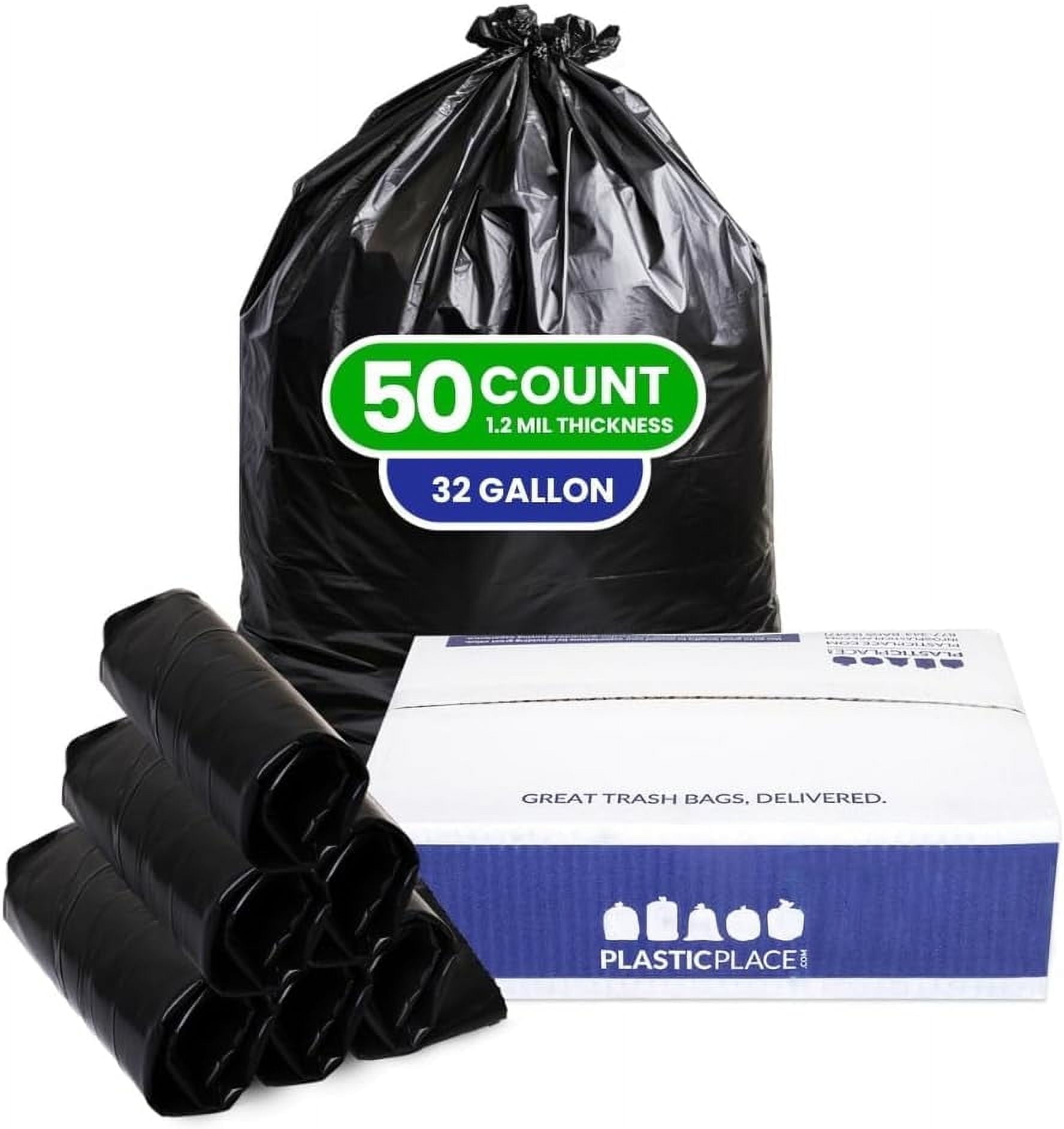 Plasticplace 32 Gallon Trash Bags Garbage Can Liners for Toter, Heavy Duty Contractor Black Garbage Bags , Tear-Resistant, Leak-Proof, Extra Large Can Liners , 44” x 54” , 50 Count Trashbags 1.2 Mil