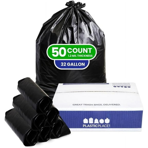 Plasticplace 32 Gallon Trash Bags Garbage Can Liners for Toter, Heavy Duty Contractor Black Garbage Bags , Tear-Resistant, Leak-Proof, Extra Large Can Liners , 44 x 54 , 50 Count Trashbags 1.2 Mil