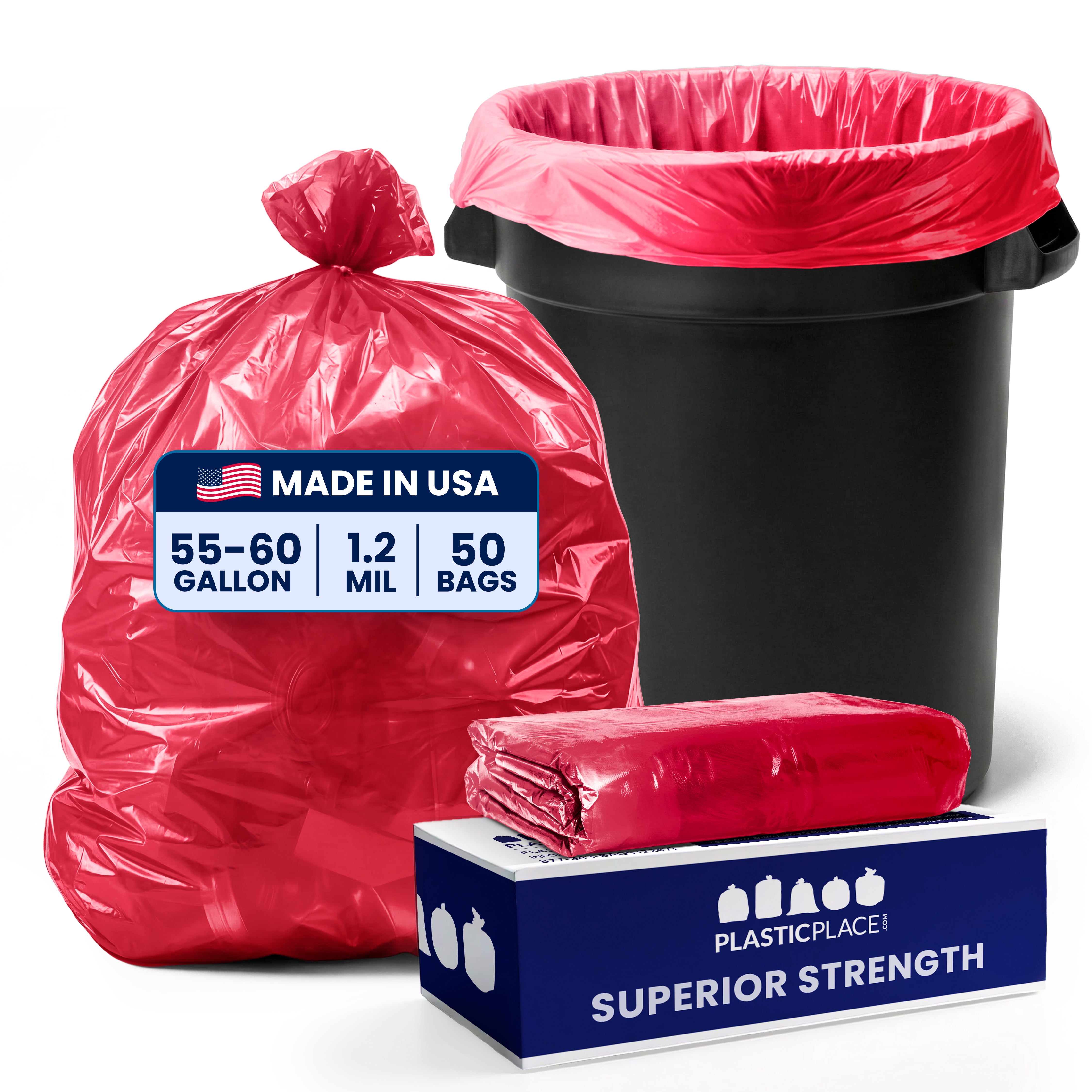 Plasticplace 55-60 Gallon Trash Bags │ 1.2 Mil │ Red Heavy Duty Garbage Can Liners │ 38” x 58” (50 Count)
