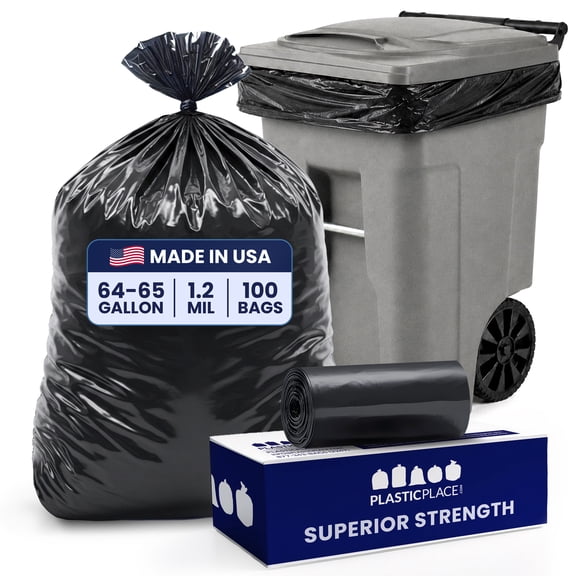 Plasticplace 64-65 Gallon Trash Bags for Toter ,Black Heavy Duty Garbage Bags ,50” x 60” ,100 Count , Durable, Leak-Proof , Perfect for Outdoor Rollaway Cans Trashbags Contractor Industrial 1.2 Mil