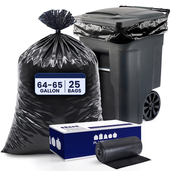 Plasticplace 64-65 Gallon Black Trash Bags, Heavy Duty Toter Can Liners, Tear & Leak-Proof, Industrial Strength, 25 Count, Large Garbage Bags for Kitchen & Commercial Use 1.2 Mil, 50" x 60"