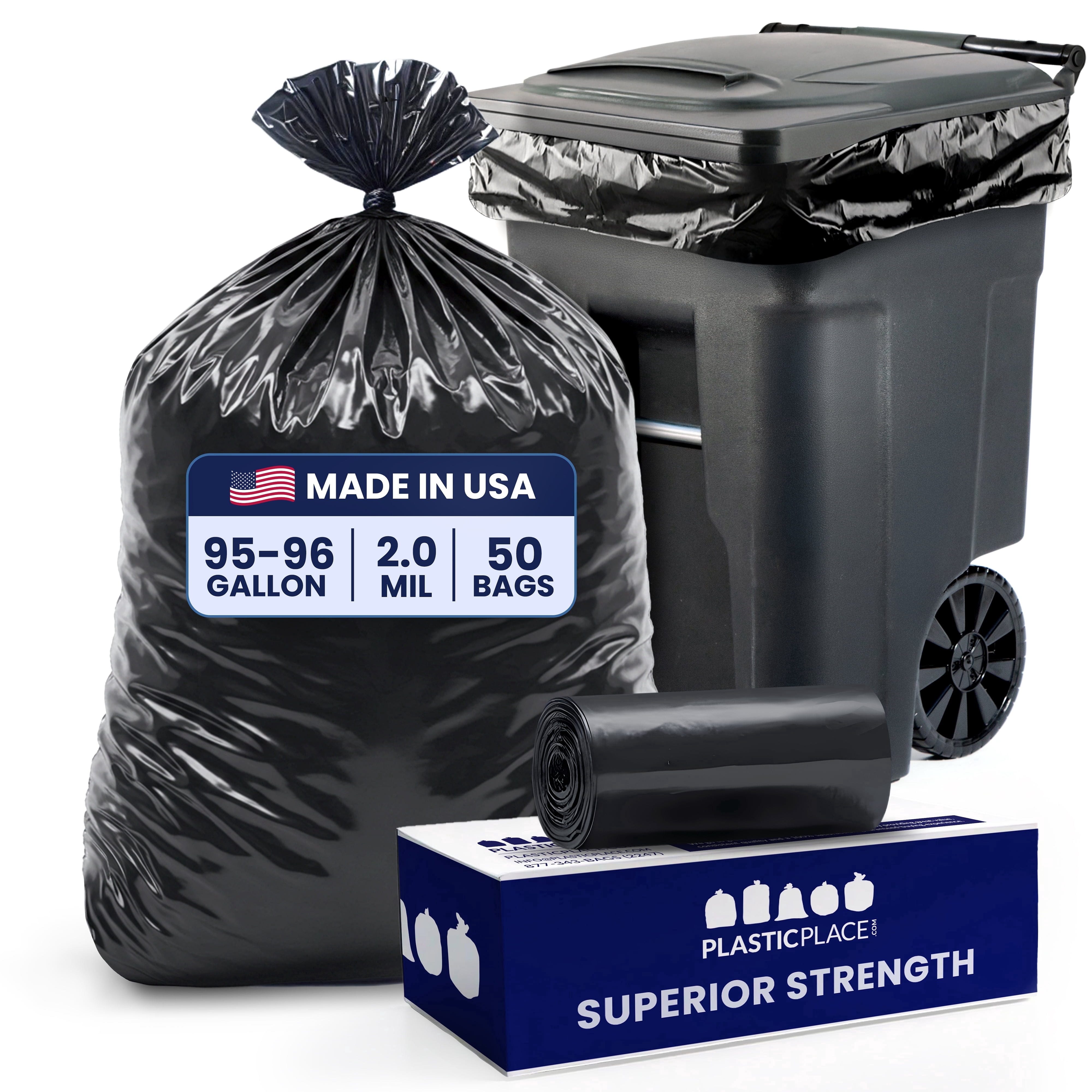 Plasticplace 95-96 Gallon Trash Bags │ 2.0 Mil │ Black Heavy Duty Garbage Can Liners │ 61” x 68” (50 Count)
