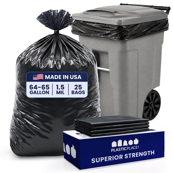 Plasticplace 64-65 Gallon Trash Can Liners for Toter │ 1.5 Mil │ Black Heavy Duty Garbage Bags │ 50” x 60” (25 Count)