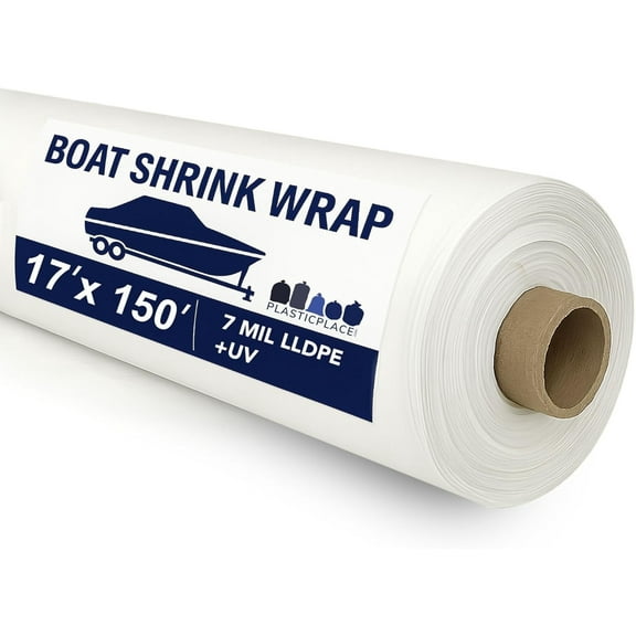 Plasticplace Boat Shrink Wrap – 17’ x 150’ White 7 Mil Marine Shrink Film – UV-Resistant Plastic Wrap for Boats, RVs, Equipment – Heat Gun Shrink Wrap for Storage & Moving Boxes, 1 Roll with Core