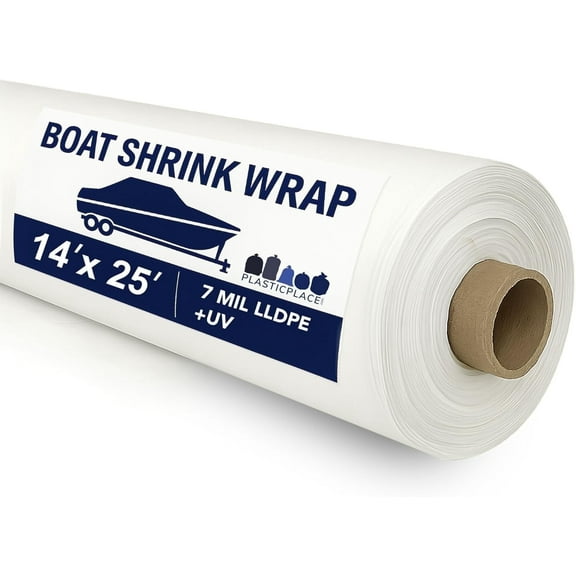 Plasticplace Boat Shrink Wrap – 14’ x 25’ White Plastic Film 7 Mil LLDPE + UV – Marine Shrink Wrap for Boats Jet Skis – Heat Gun Wrap for Storage & Moving – Plastic Wrap for Packing, 1 Roll with Core