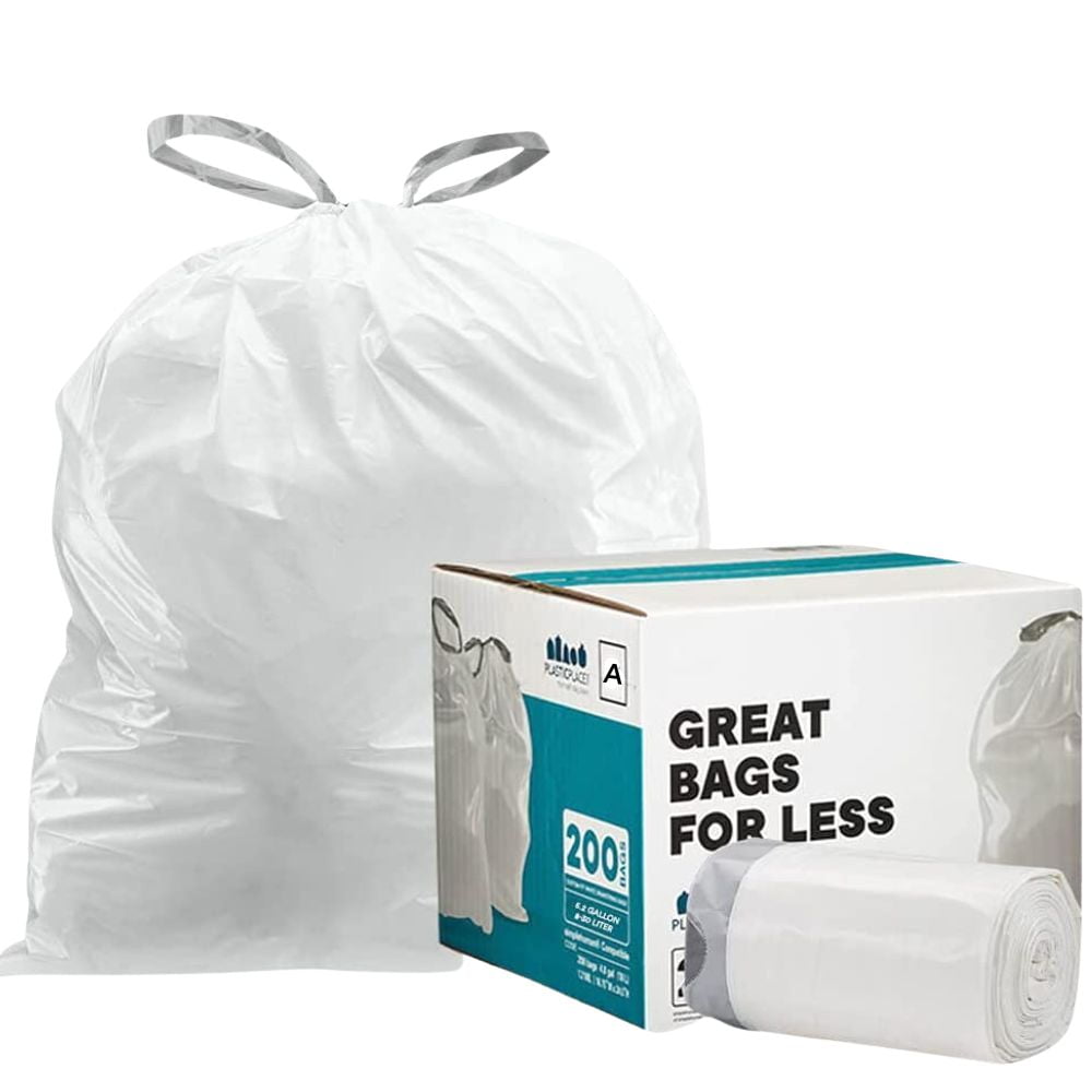 Plasticplace simplehuman * Code K Compatible Packs, White Drawstring Garbage Liners 10 Gallon / 38 Liter, 24.4 x 28 (20 Count/5 Pack)