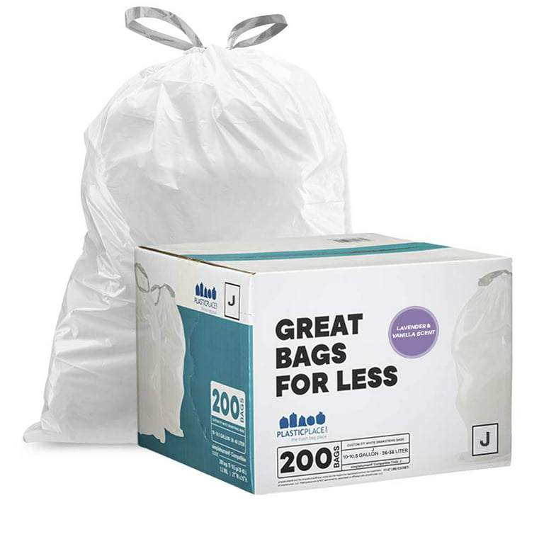 Plasticplace White Drawstring Lavender and Soft Vanilla Scented Garbage Can Liners Code J Compatible (200 Count) 10-10.5 Gallon / 38-40 Liter