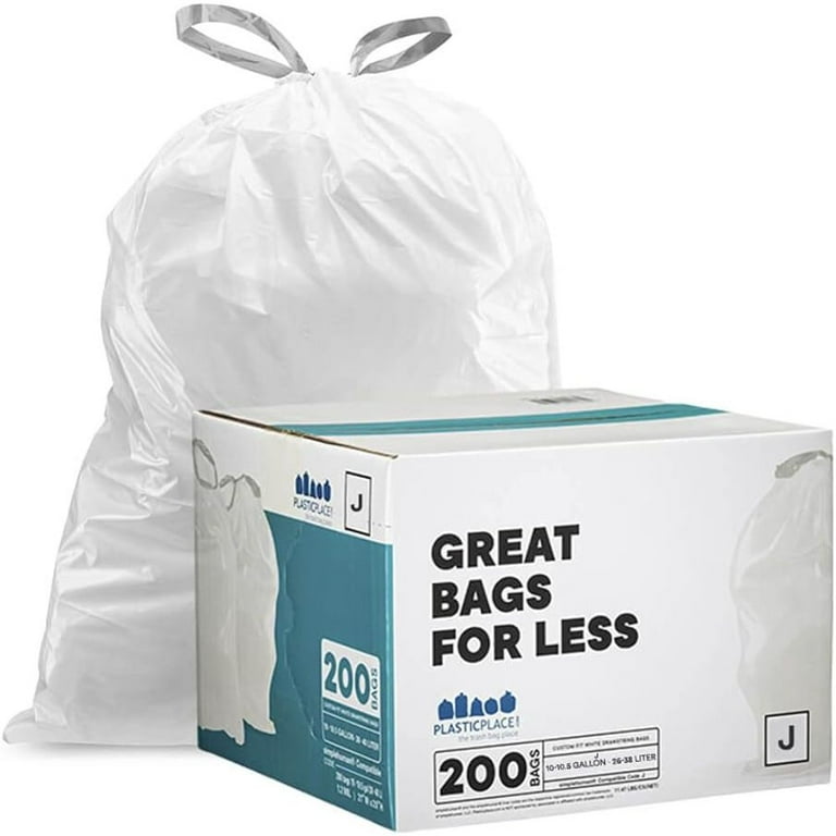 Code J (200 Count) 10-10.5 Gallon | 38-40 Liter Heavy Duty Drawstring  Plastic Trash Bags | Reliable1st Compatible with simplehuman Code J | White