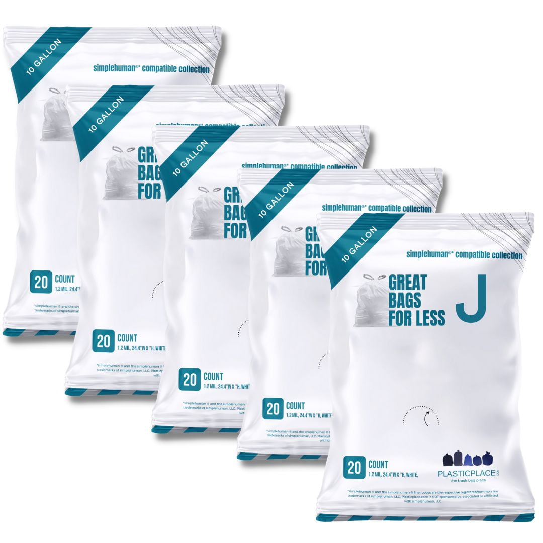  Plasticplace Trash Bags │simplehuman (x) Code J Compatible (200  Count)│White Drawstring Garbage Liners 10-10.5 Gallon / 38-40 Liter │ 21 x  28 : Health & Household